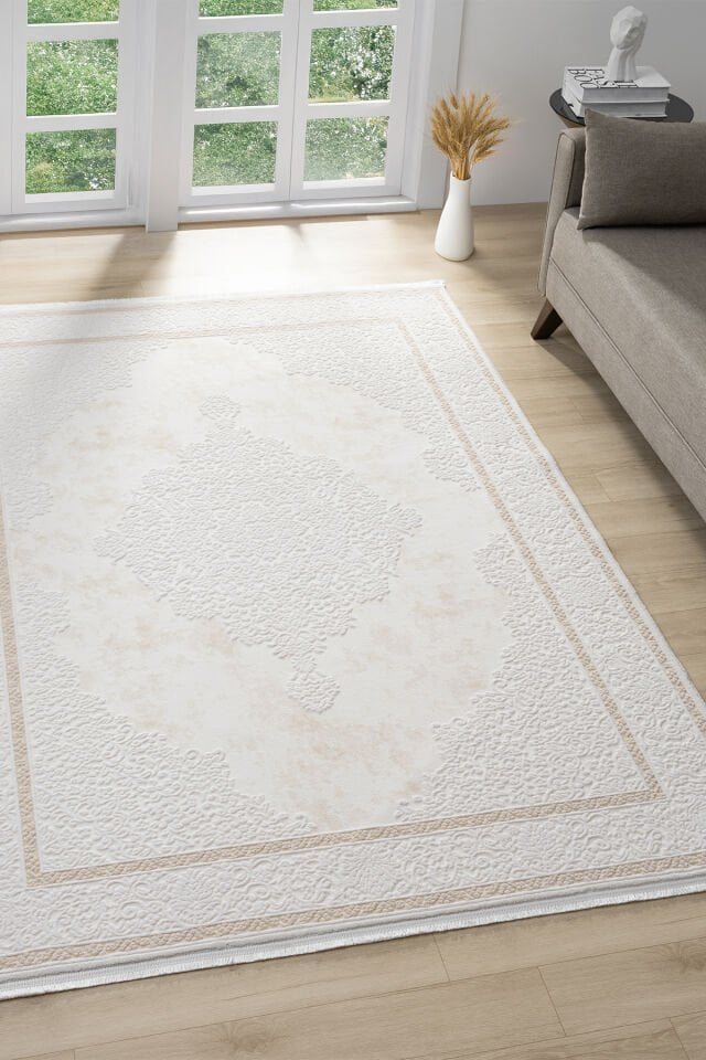 Seyran Halı Lima 0562 Bej Akrilik Çerçeveli Pamuk Taban Modern Saçaklı Halı