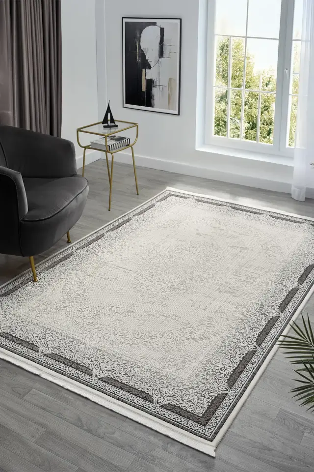 Seyran Halı Ahlat 7051 Antrasit  Akrilik Çerçeveli Dokuma Taban Saçaklı Modern Şık Halı