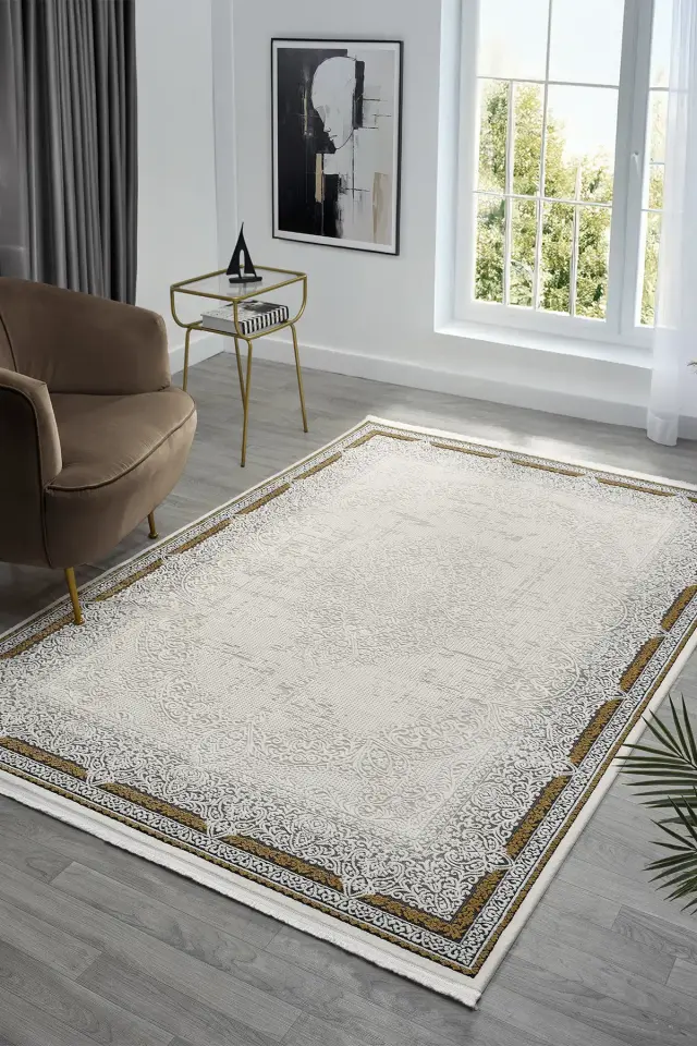 Seyran Halı Ahlat 7051 Gold Akrilik Çerçeveli Dokuma Taban Saçaklı Modern Şık Halı