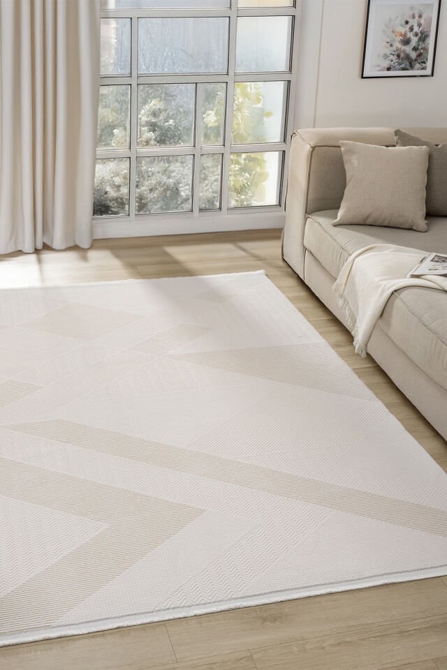 Seyran Halı Lima 0557 Bej Akrilik Pamuk Taban Modern Saçaklı Halı