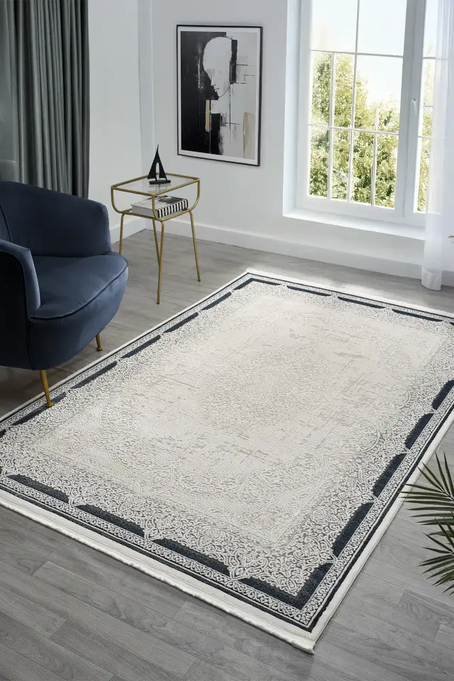 Seyran Halı Ahlat 7051 Mavi Akrilik Çerçeveli Dokuma Taban Saçaklı Modern Şık Halı