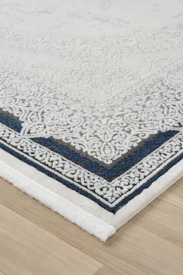 Seyran Halı Ahlat 7051 Mavi Akrilik Çerçeveli Dokuma Taban Saçaklı Modern Şık Halı