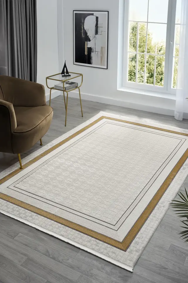 Seyran Halı Ahlat 7052 Gold Akrilik Çerçeveli Dokuma Taban Saçaklı Modern Şık Halı