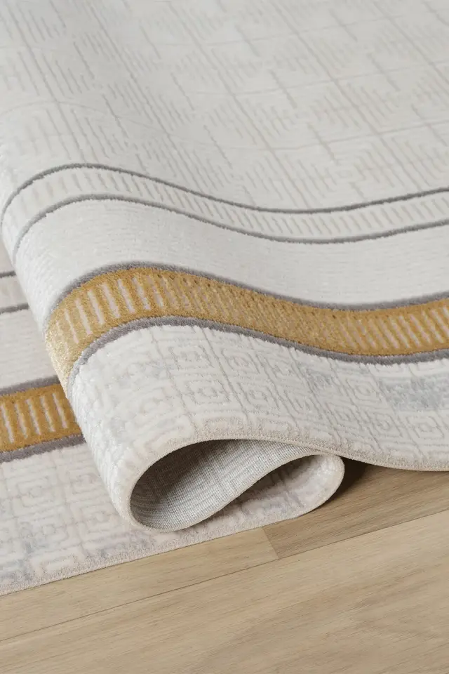 Seyran Halı Ahlat 7052 Gold Akrilik Çerçeveli Dokuma Taban Saçaklı Modern Şık Halı