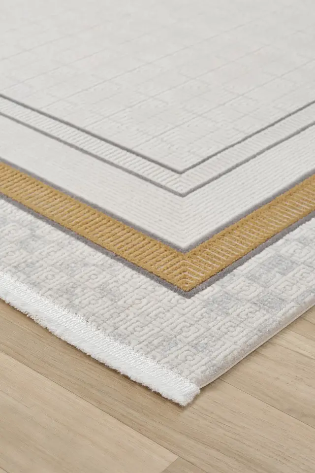 Seyran Halı Ahlat 7052 Gold Akrilik Çerçeveli Dokuma Taban Saçaklı Modern Şık Halı