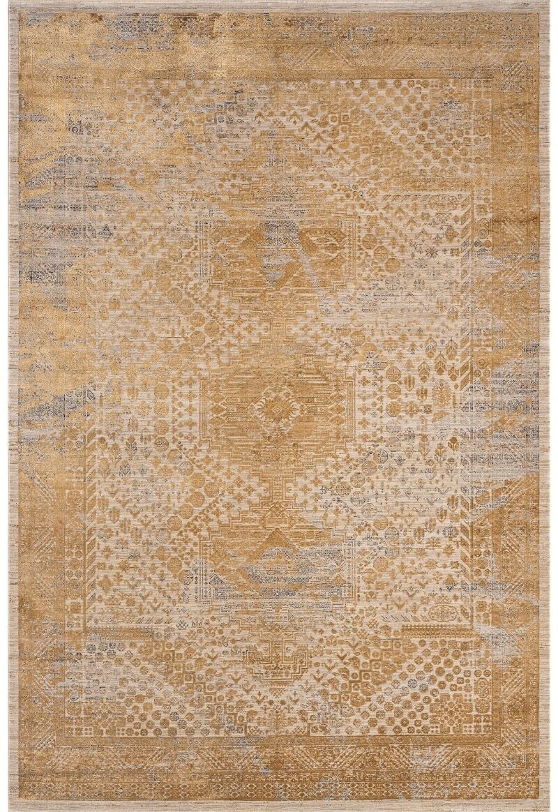 Elexus Halı Diamond 3846 Gri Gold Akrilik Viskon Pamuk Taban Eskitme Desenli Şık Halı