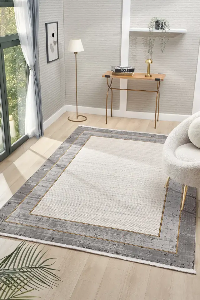 Seyran Halı Ahlat 7053 Gold Akrilik Çerçeveli Dokuma Taban Saçaklı Modern Şık Halı