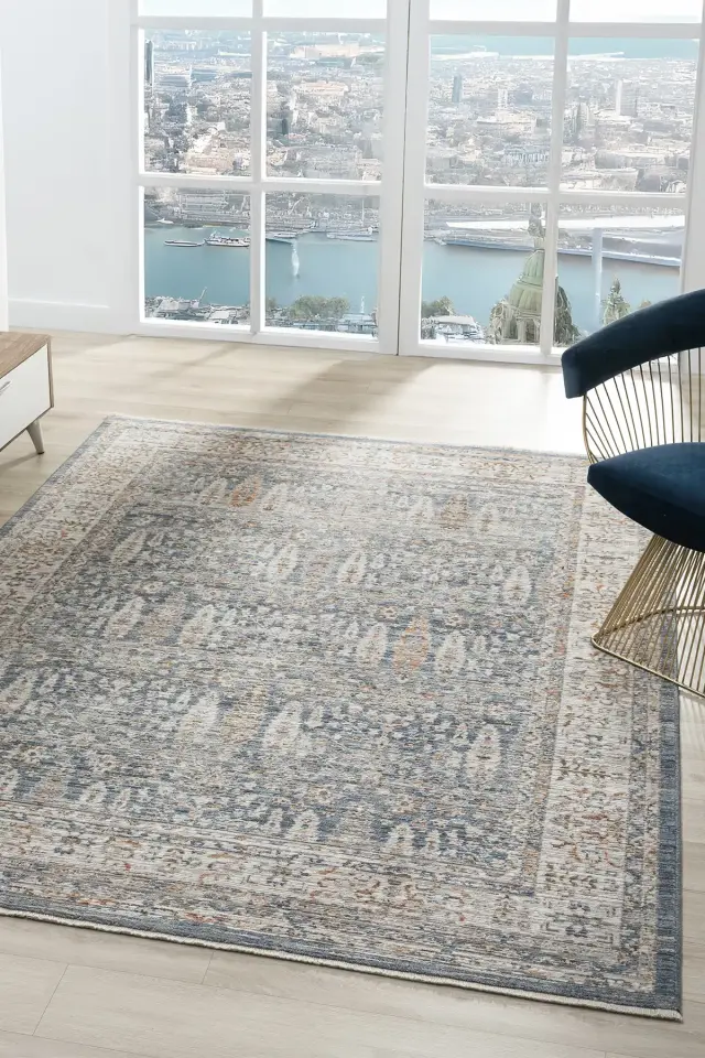 Seyran Halı Peru 10207 Mavi Polyester Çerçeveli Yumuşak Doku Yüksek Kaliteli Halı