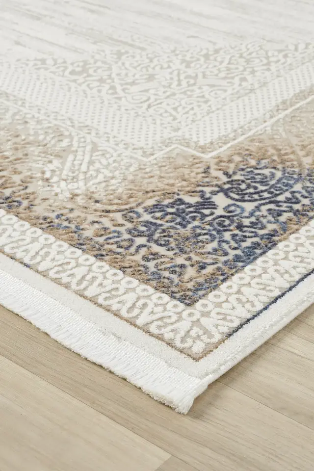 Seyran Halı Asya 525 Mavi Akrilik Çerçeveli Dokuma Taban Saçaklı Klasik Şık Halı