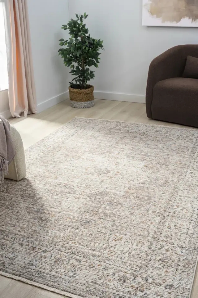 Seyran Halı Peru 10204 Bej Polyester Çerçeveli Yumuşak Doku Yüksek Kaliteli Halı