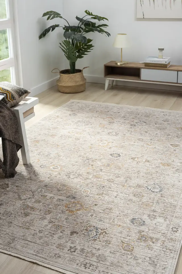 Seyran Halı Peru 10203 Bej Polyester Çerçeveli Yumuşak Doku Yüksek Kaliteli Halı
