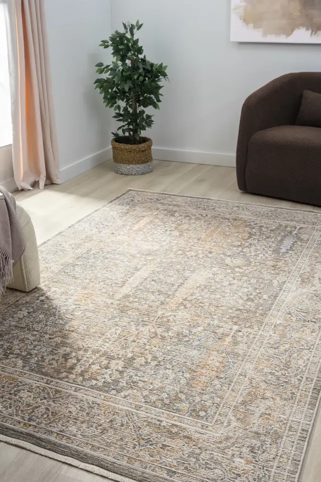 Seyran Halı Peru 10202 Bej Polyester Çerçeveli Yumuşak Doku Yüksek Kaliteli Halı