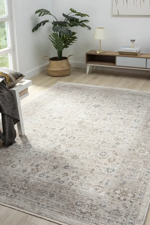 Seyran Halı Peru 10201 Bej Polyester Çerçeveli Yumuşak Doku Yüksek Kaliteli Halı