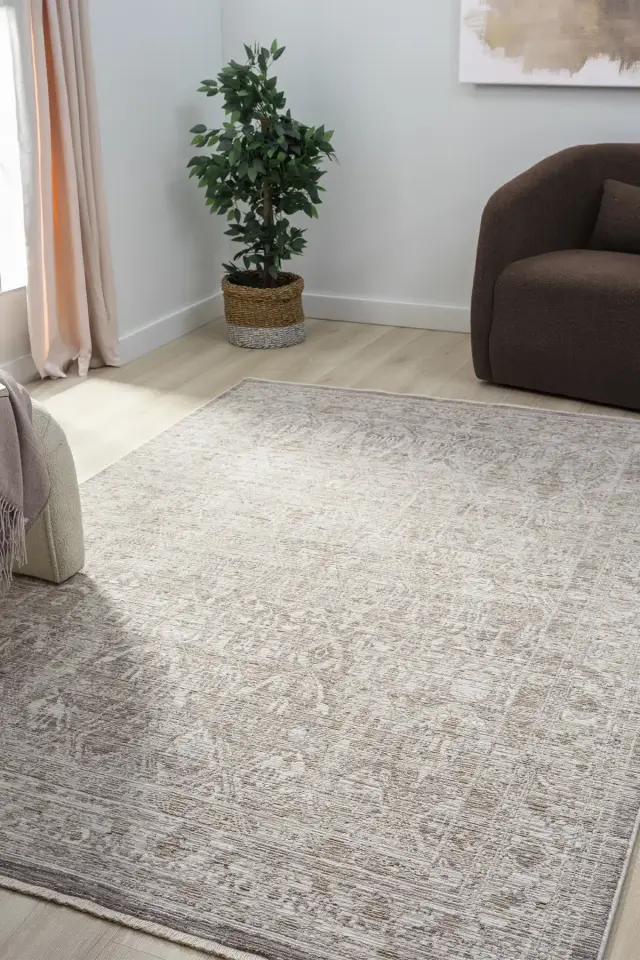 Seyran Halı Peru 10200 Bej Polyester Çerçeveli Yumuşak Doku Yüksek Kaliteli Halı