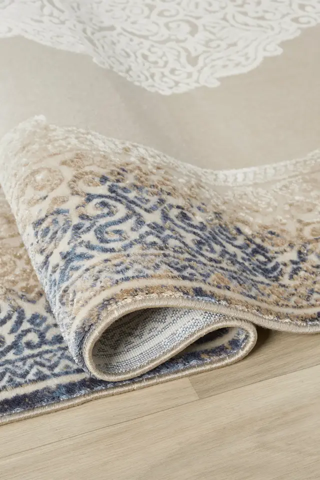 Seyran Halı Asya 524 Mavi Akrilik Çerçeveli Dokuma Taban Saçaklı Klasik Şık Halı