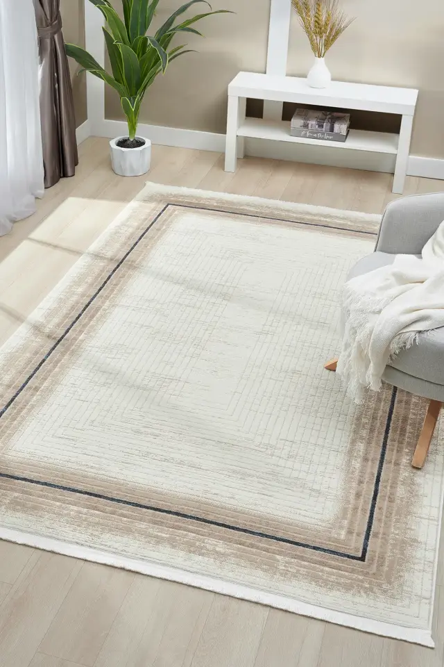 Seyran Halı Asya 526 Mavi Akrilik Çerçeveli Dokuma Taban Saçaklı Modern Şık Halı