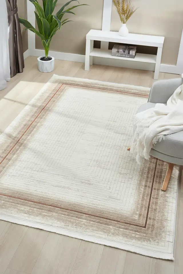Seyran Halı Asya 526 Terra Akrilik Çerçeveli Dokuma Taban Saçaklı Modern Şık Halı