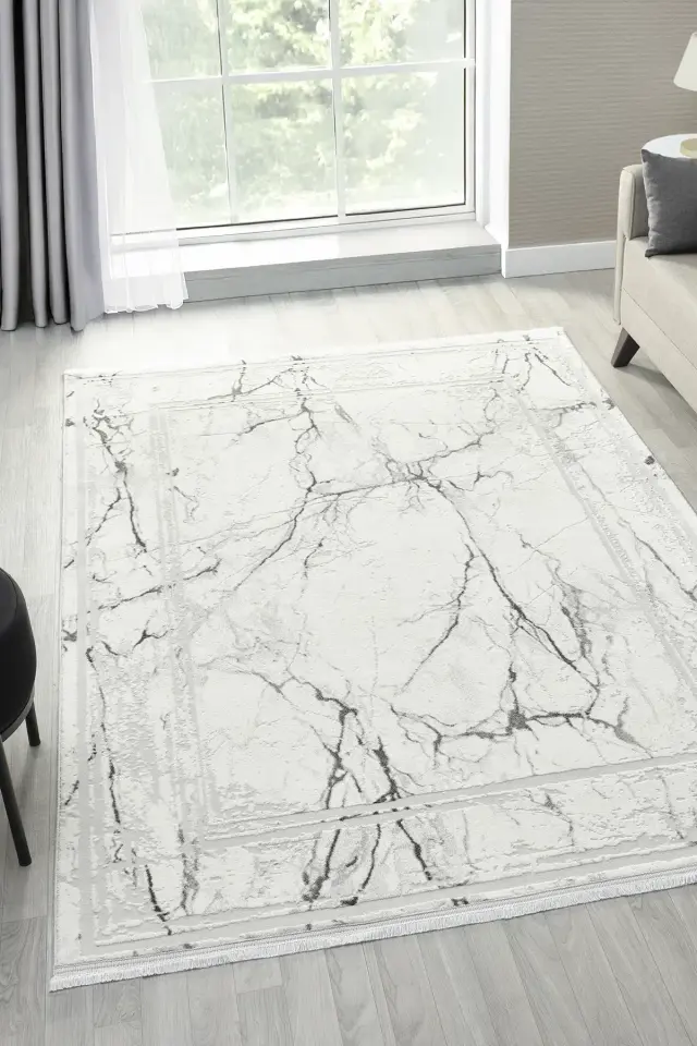 Seyran Halı Asya 529 Gri Akrilik Çerçeveli Dokuma Taban Saçaklı Modern Şık Halı