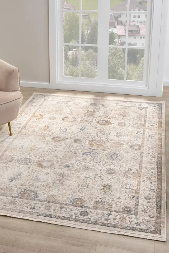 Seyran Halı Asır 256 Krem Polyester Modern Şık Yumuşak Dokulu Saçaklı Halı