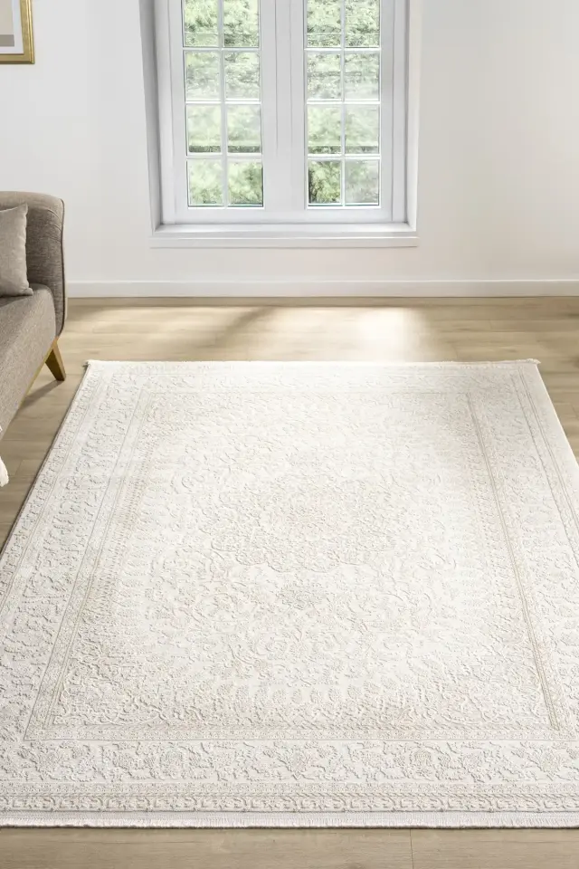 Seyran Halı Smart 12003 Bej Yumuşak Dokulu Çerçeveli Klasik Şık Halı