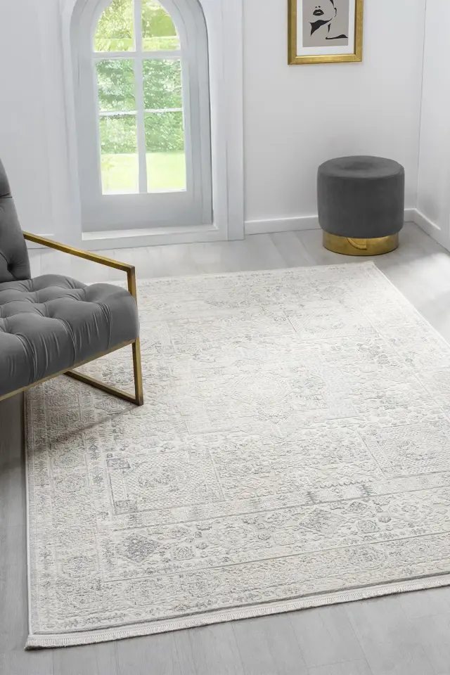 Seyran Halı Smart 12004 Gri Yumuşak Dokulu Çerçeveli Klasik Şık Halı