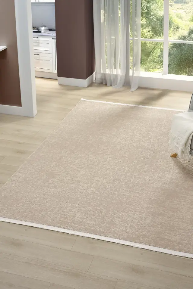 Seyran Halı İmaj 8080 Bej Akrilik Modern Saçaklı Dokuma Taban Halı