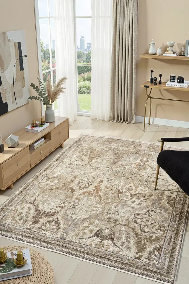 Seyran Halı Monde Bej 800 Etnik Desen Dokuma Taban Polyester Klasik Şık Halı