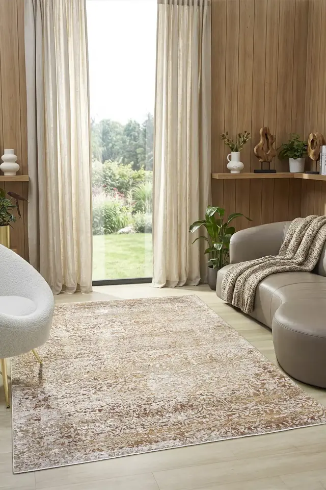 Seyran Halı Monde Bej 805 Etnik Desen Dokuma Taban Polyester Klasik Şık Halı