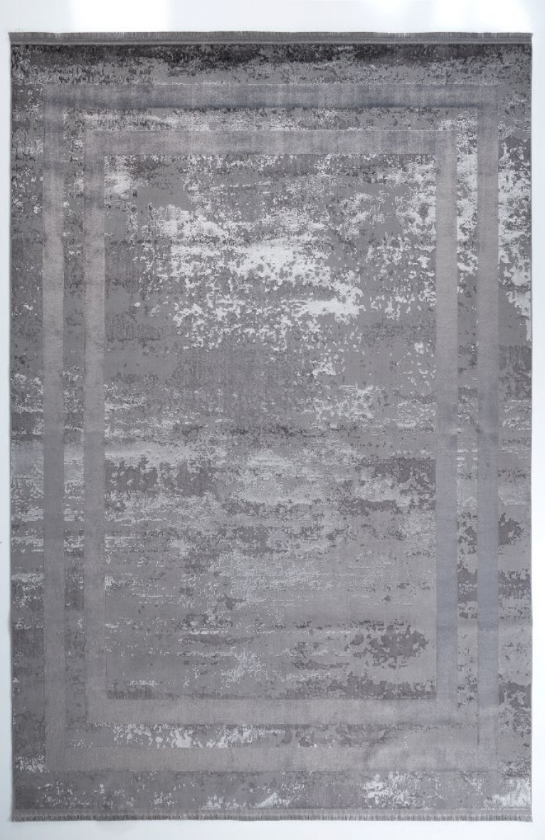 Louis Casa Line Gri Polyester Modern Çerçeveli Saçaklı Şık Halı