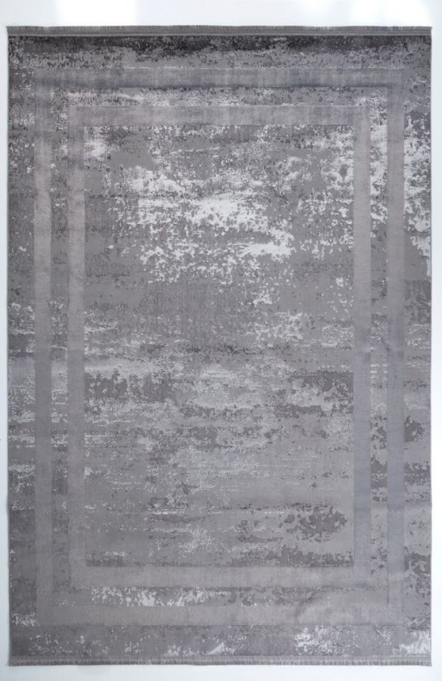 Louis Casa Line Gri Polyester Modern Çerçeveli Saçaklı Şık Halı