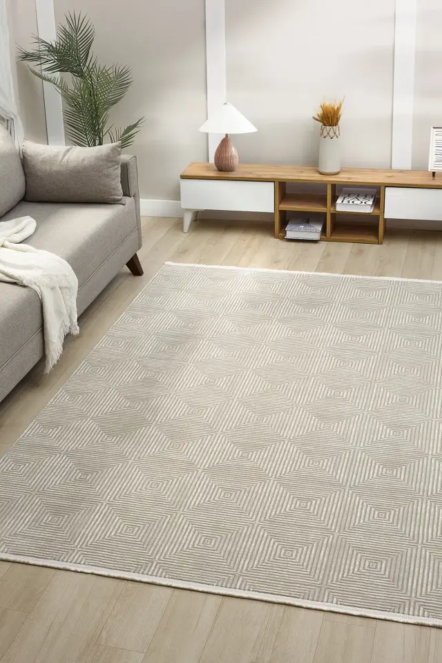 Seyran Halı Gusto 901 Bej Polyester Dokuma Taban Saçaklı Modern Halı