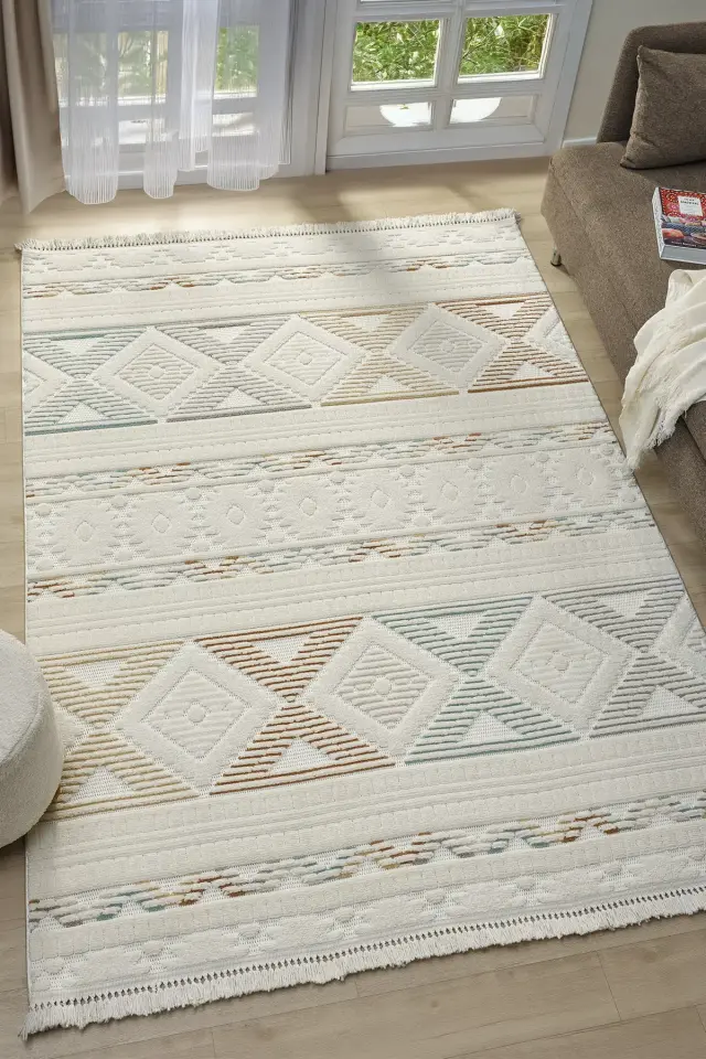 Seyran Halı Ruby 1551 Multi Beyaz Kolay Temizlenen Hav Toz Vermez Etnik Yolluk