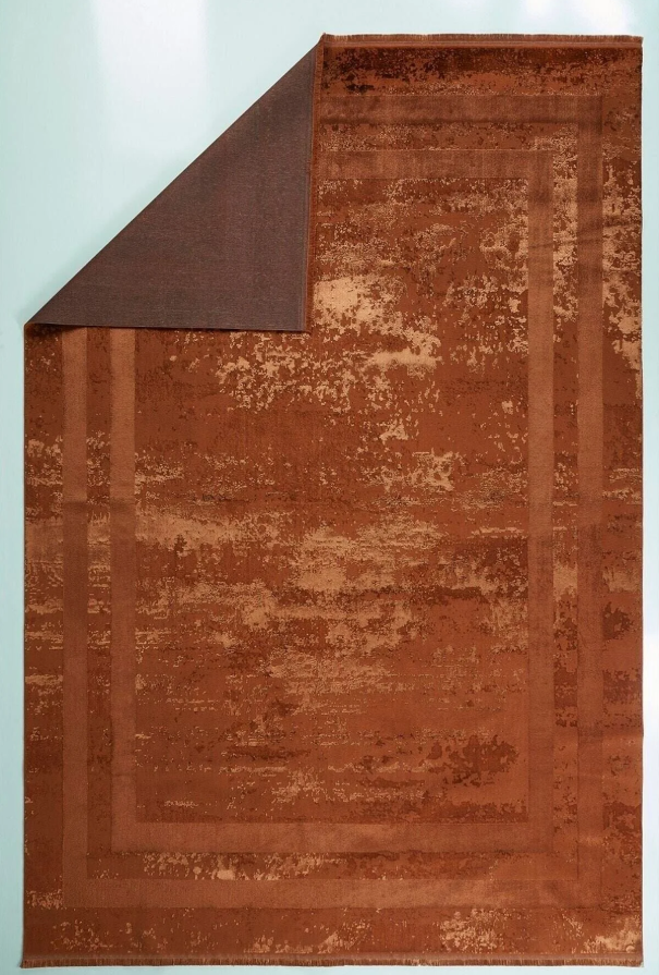 Louis Casa Line Bakır Polyester Modern Çerçeveli Saçaklı Şık Halı