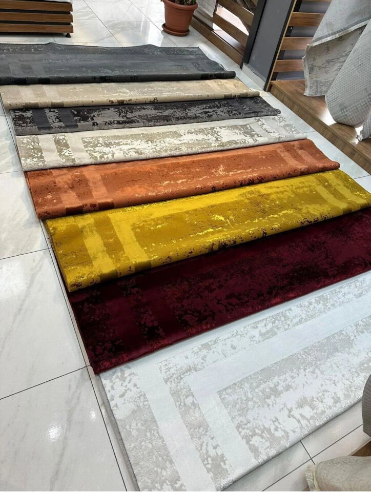 Louis Casa Line Krem Polyester Modern Çerçeveli Saçaklı Şık Halı