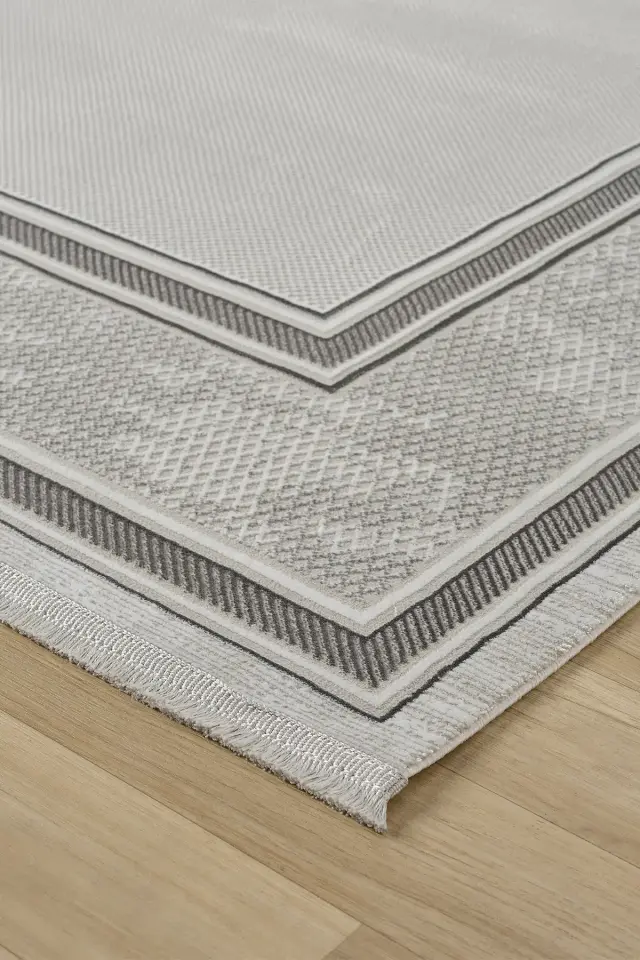 Seyran Halı Gusto 905 Gri Polyester Çerçeveli Dokuma Taban Saçaklı Modern Halı