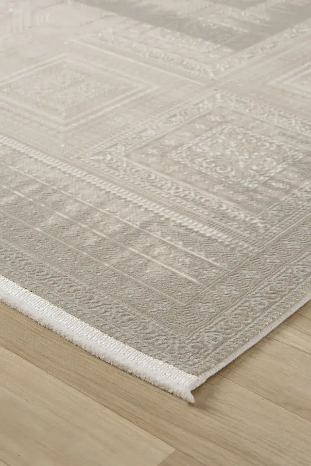 Seyran Halı Gusto 907 Bej Polyester Çerçeveli Dokuma Taban Saçaklı Modern Halı