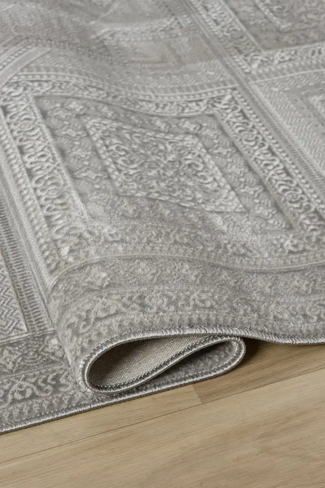 Seyran Halı Gusto 907 Gri Polyester Çerçeveli Dokuma Taban Saçaklı Modern Halı