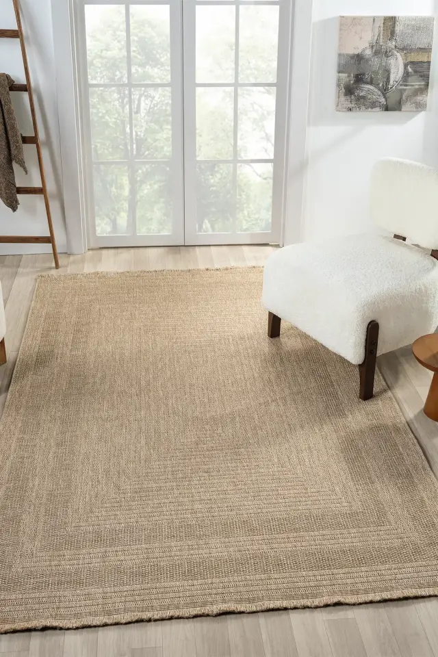 Seyran Halı İndia 668 Bej Jüt Dokuma Taban Saçaklı Halı