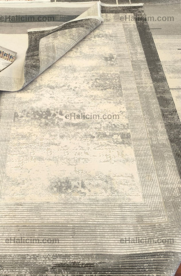 Royal Halı Kim Royal KC04A Gri Krem Siyah Yumuşak Dokulu Modern Çerçeveli Halı