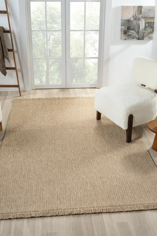 Seyran Halı İndia 670 Bej Jüt Dokuma Taban Saçaklı Halı