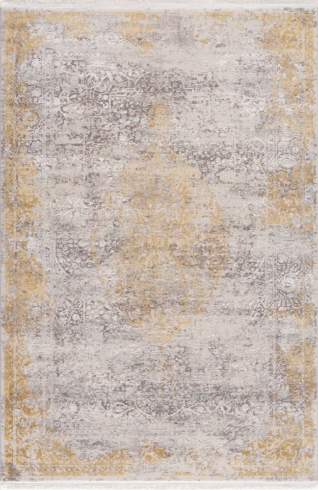 Sanat Halı Doku 1099 Sarı Eskitme Desenli Makine Halısı