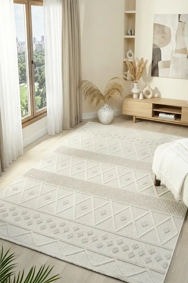 Seyran Halı Loopy 620 Krem Bej Jüt Modern Desenli Saçaklı Şık Halı