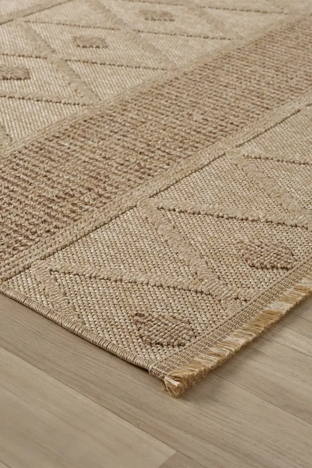 Seyran Halı Loopy 620 Krem Bej Jüt Modern Desenli Saçaklı Şık Halı