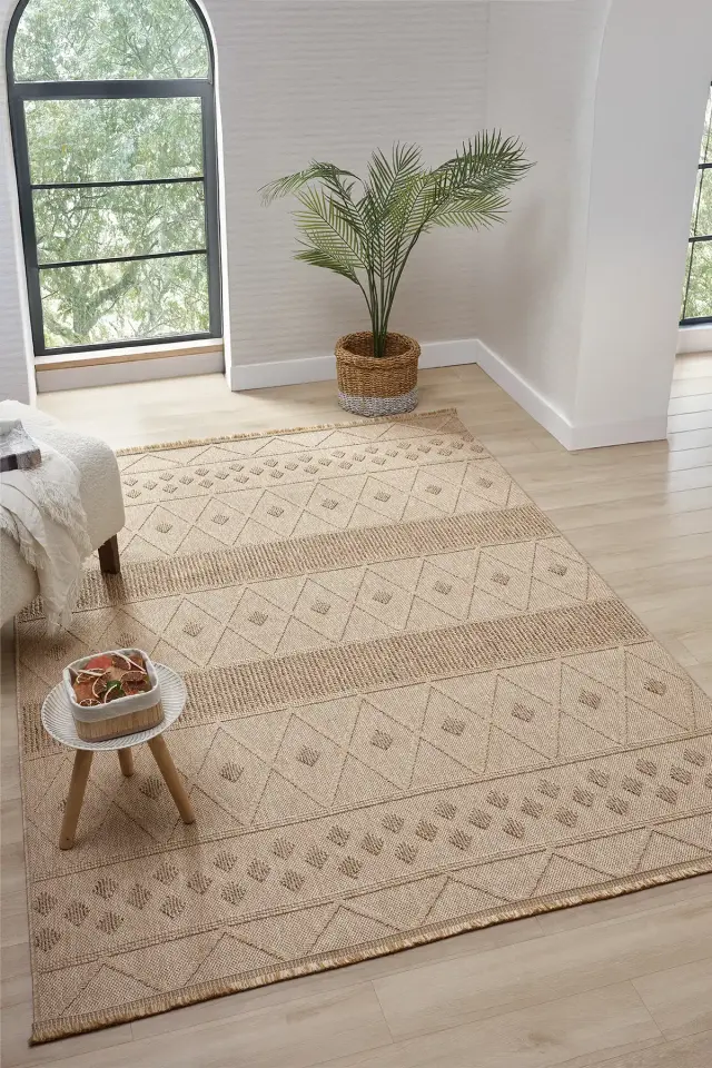 Seyran Halı Loopy 620 Bej Kahve Jüt Modern Desenli Saçaklı Şık Halı