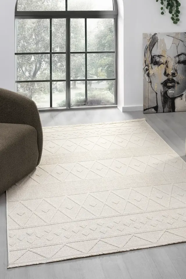 Seyran Halı Loopy 620 Krem Jüt Modern Desenli Saçaklı Şık Halı