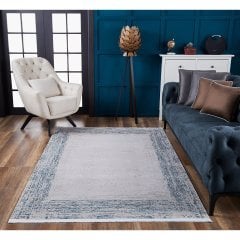 Gümüşsuyu Halı Legro 11561  Turkuaz Akrilik Modern Çerçeveli Saçaklı Dokuma Taban Halı