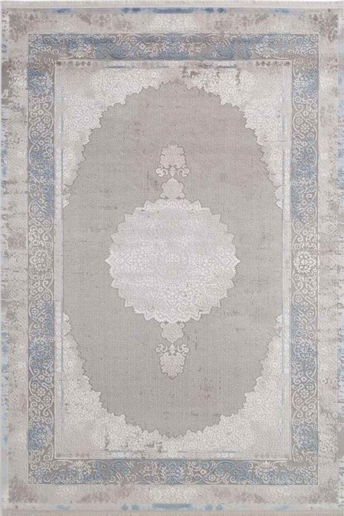 Gümüşsuyu Halı Viera 15597 Mavi Akrilik Çerçeveli  Klasik Şık Saçaklı Yumuşak Dokulu Halı