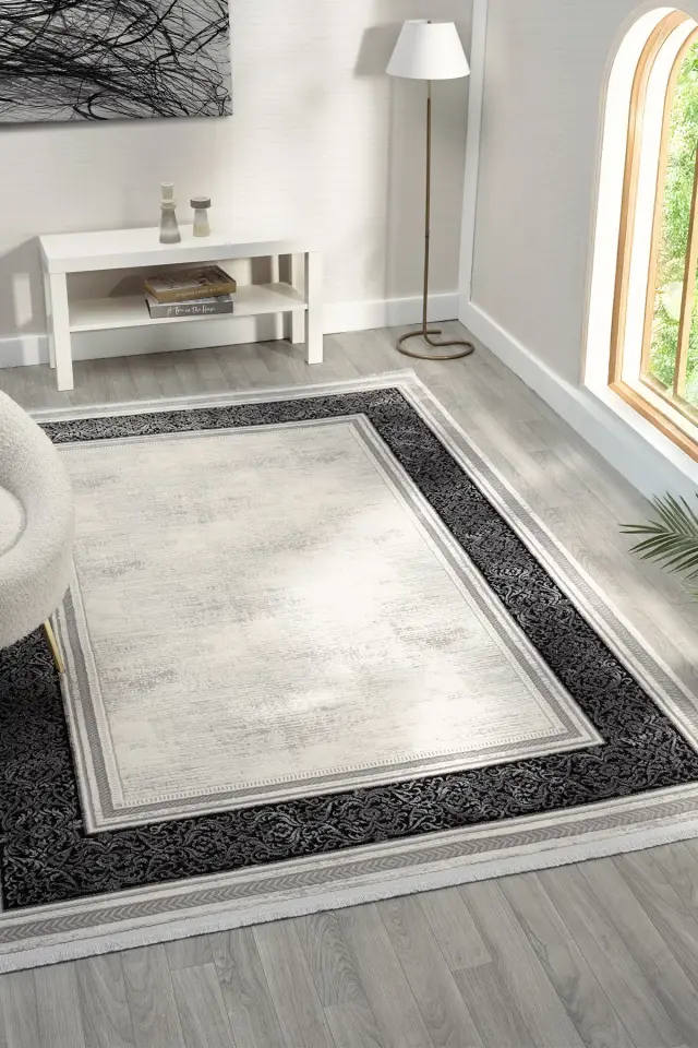 Seyran Halı Zen 7006 Antrasit Akrilik Bambu İplik Yüksek Kaliteli Çerçeveli Modern Halı
