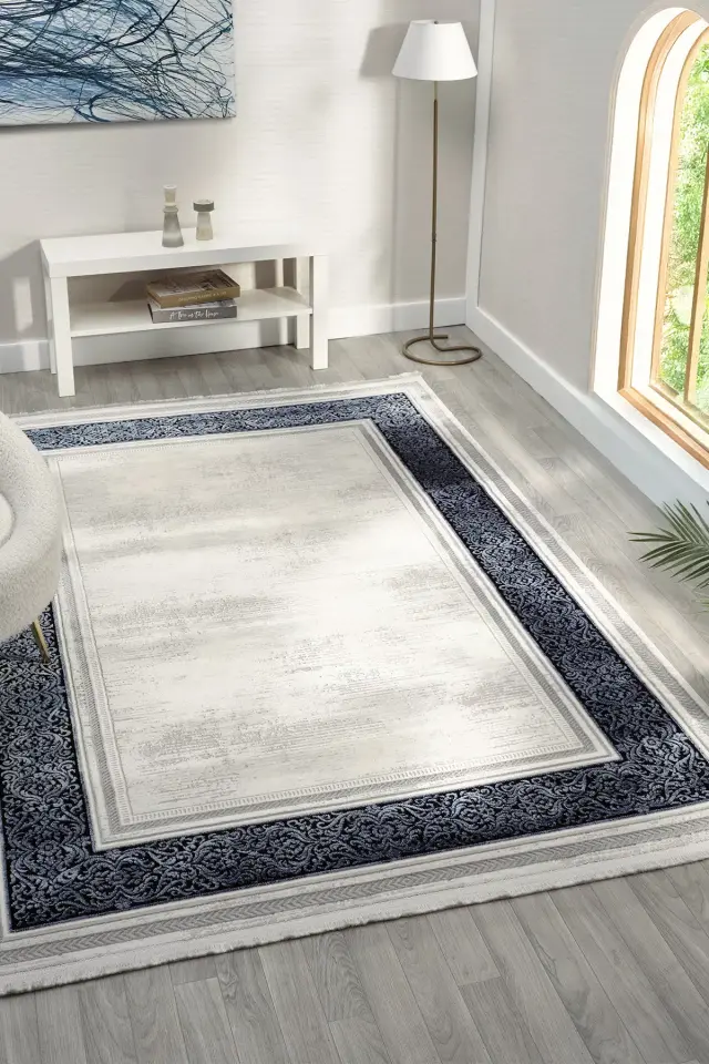 Seyran Halı Zen 7006 Mavi Akrilik Bambu İplik Yüksek Kaliteli Çerçeveli Modern Halı